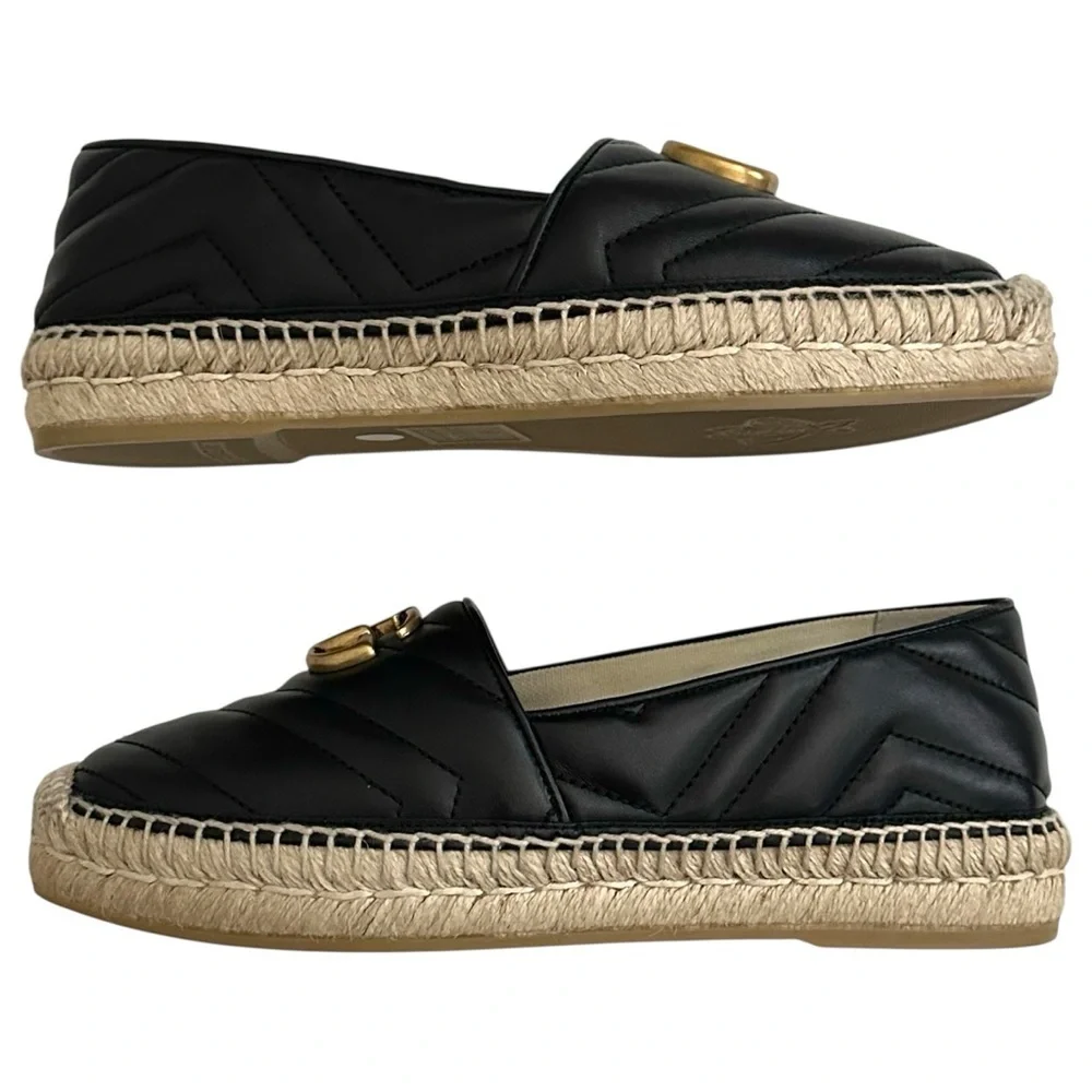 Gucci Nappa Quilted Charlotte GG Marmont Espadrilles in Black 37.5 | US 7.5